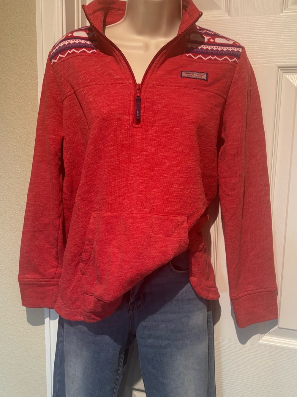 Vineyard Vines Red Quarter-Zip Sweater with Fair-Isle Whale Pattern